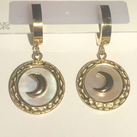 “Mother of Pearl Crescent Moon” Rainbow Iridescent Celestial Gold Steel Hoops - Picture 7 of 17